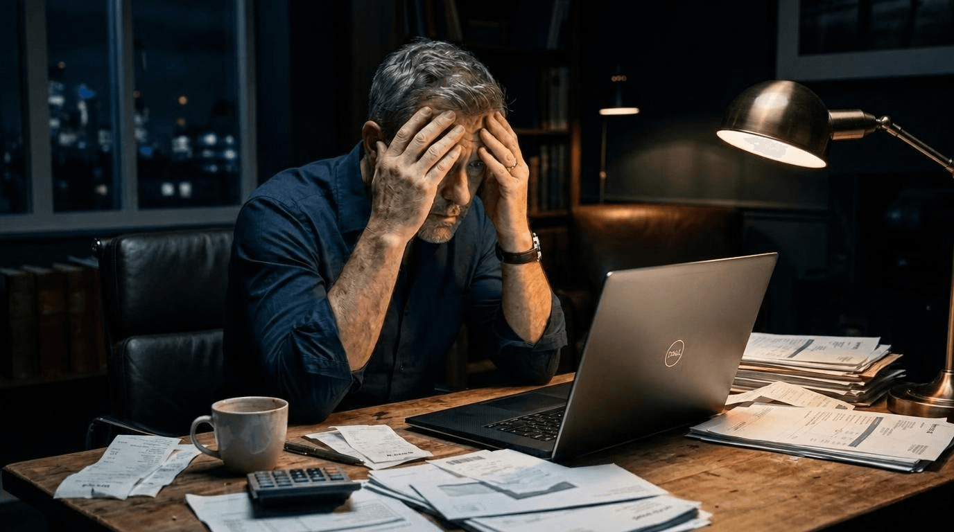 Empresário sobrecarregado e estressado com a gestão de contas à noite