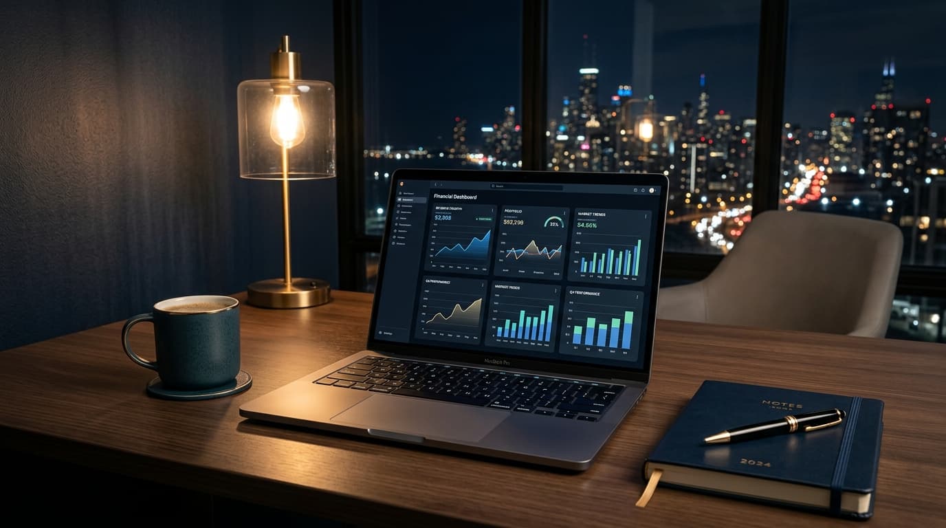Mesa de trabalho moderna e organizada com dashboard financeiro e relatórios claros